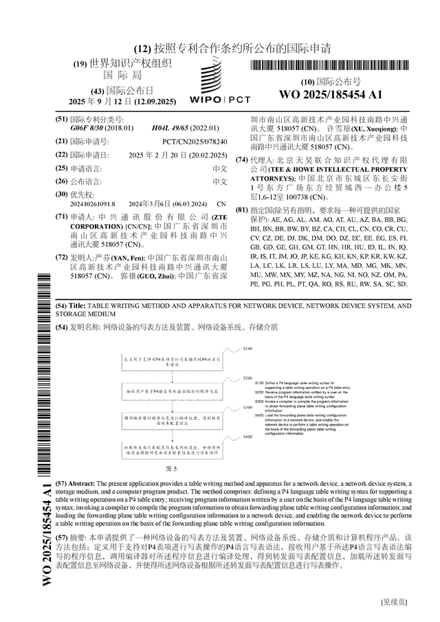 中兴通讯公布国际专利申请：“网络设备的写表方法及装置、网络设备系统、存储介质”