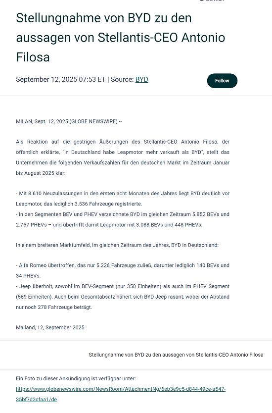 斯特兰蒂斯CEO赞零跑在德销量超比亚迪 后者回应——
