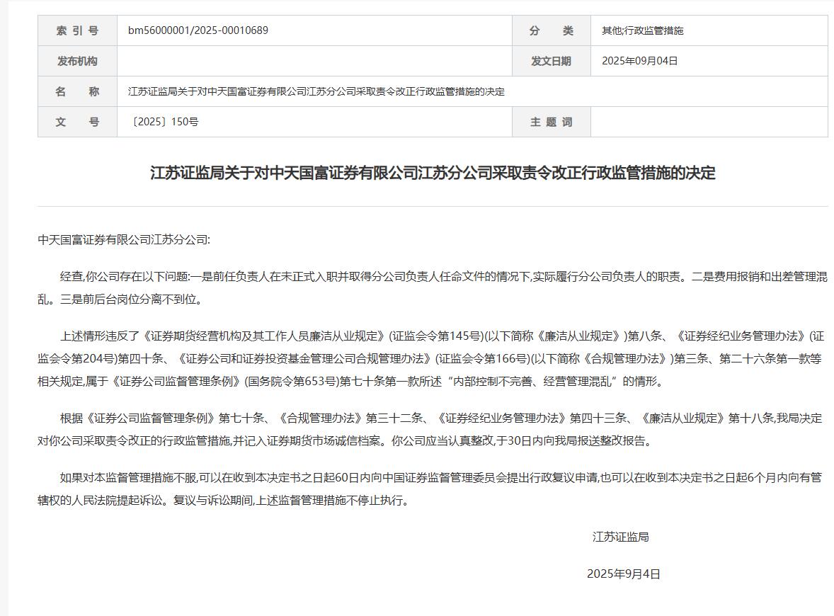 中天国富江苏分公司被责令改正 内控不完善管理混乱