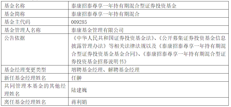 泰康招泰尊享一年持有期混合增聘任翀蒋利娟离任