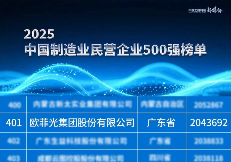 欧菲光上榜“2025中国制造业民营企业500强”