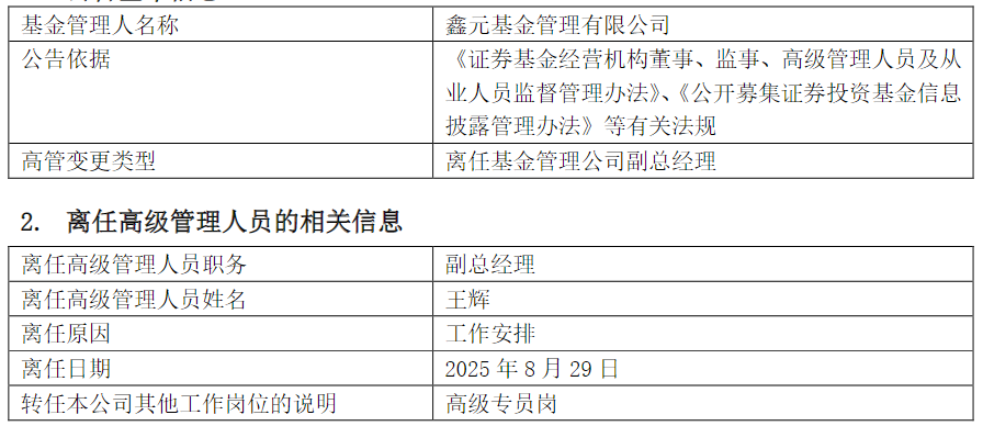 鑫元基金副总经理王辉转任高级专员岗
