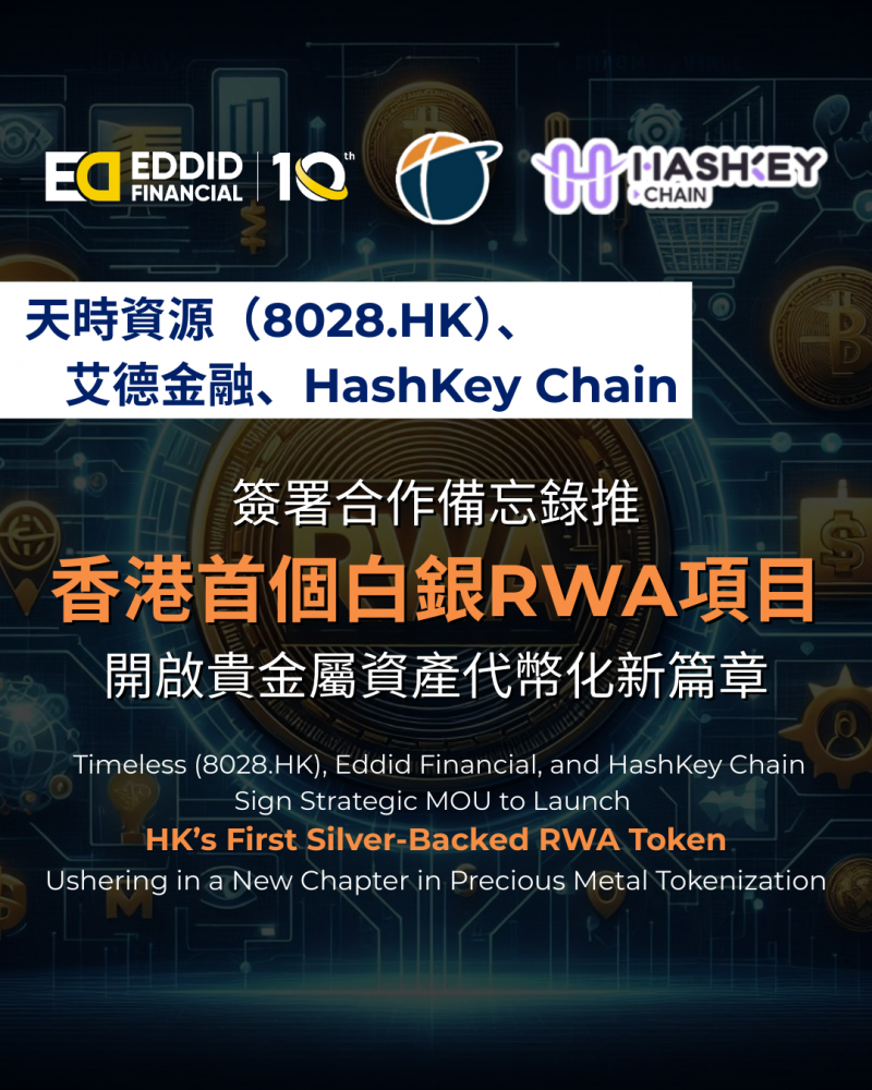 天时资源、艾德金融及HashKey Chain签署合作备忘录，携手推动香港白银RWA项目