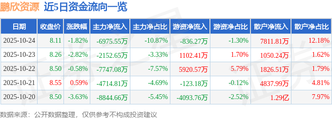 鹏欣资源（600490）10月24日主力资金净卖出6975.55万元