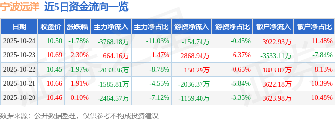 宁波远洋（601022）10月24日主力资金净卖出3768.18万元