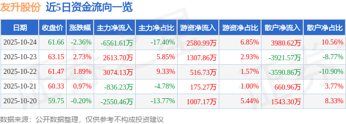 友升股份（603418）10月24日主力资金净卖出6561.61万元