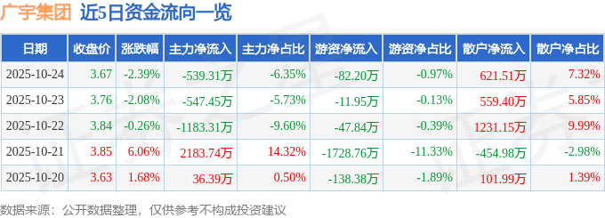 广宇集团（002133）10月24日主力资金净卖出539.31万元