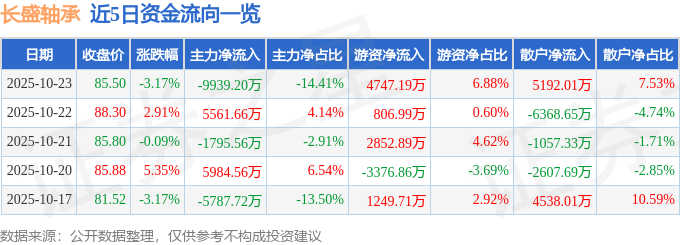 长盛轴承（300718）10月23日主力资金净卖出9939.20万元