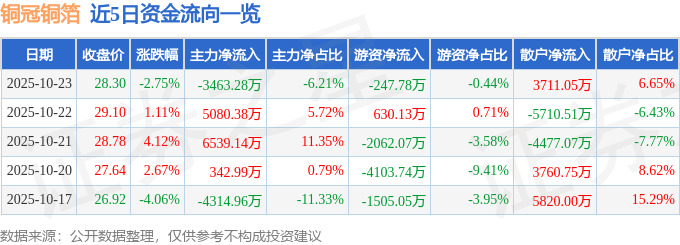 铜冠铜箔（301217）10月23日主力资金净卖出3463.28万元