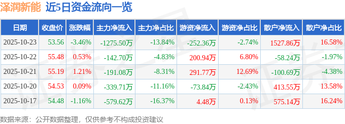 泽润新能（301636）10月23日主力资金净卖出1275.50万元
