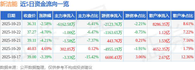 新洁能（605111）10月23日主力资金净卖出6162.58万元