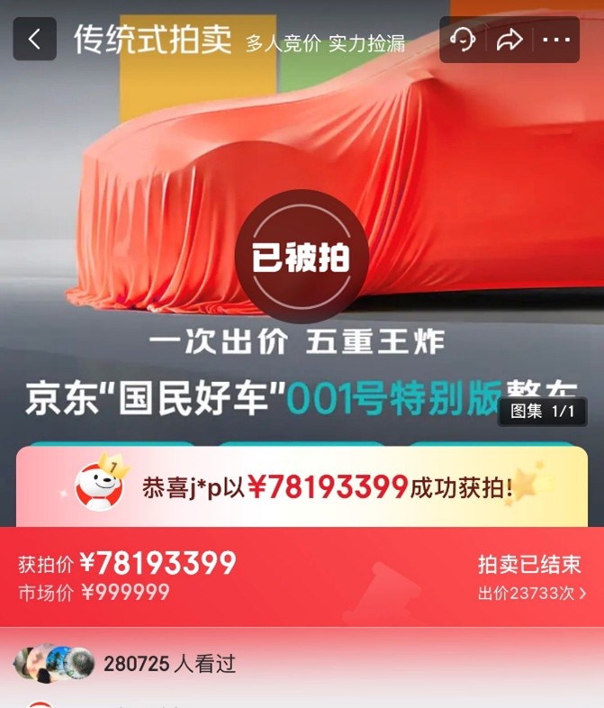近30万人参与！京东001号“国民好车”拍卖最高出价超7800万