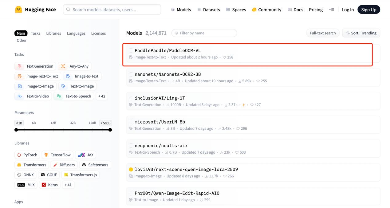 百度开源模型PaddleOCR-VL登顶HuggingFace Trending全球
