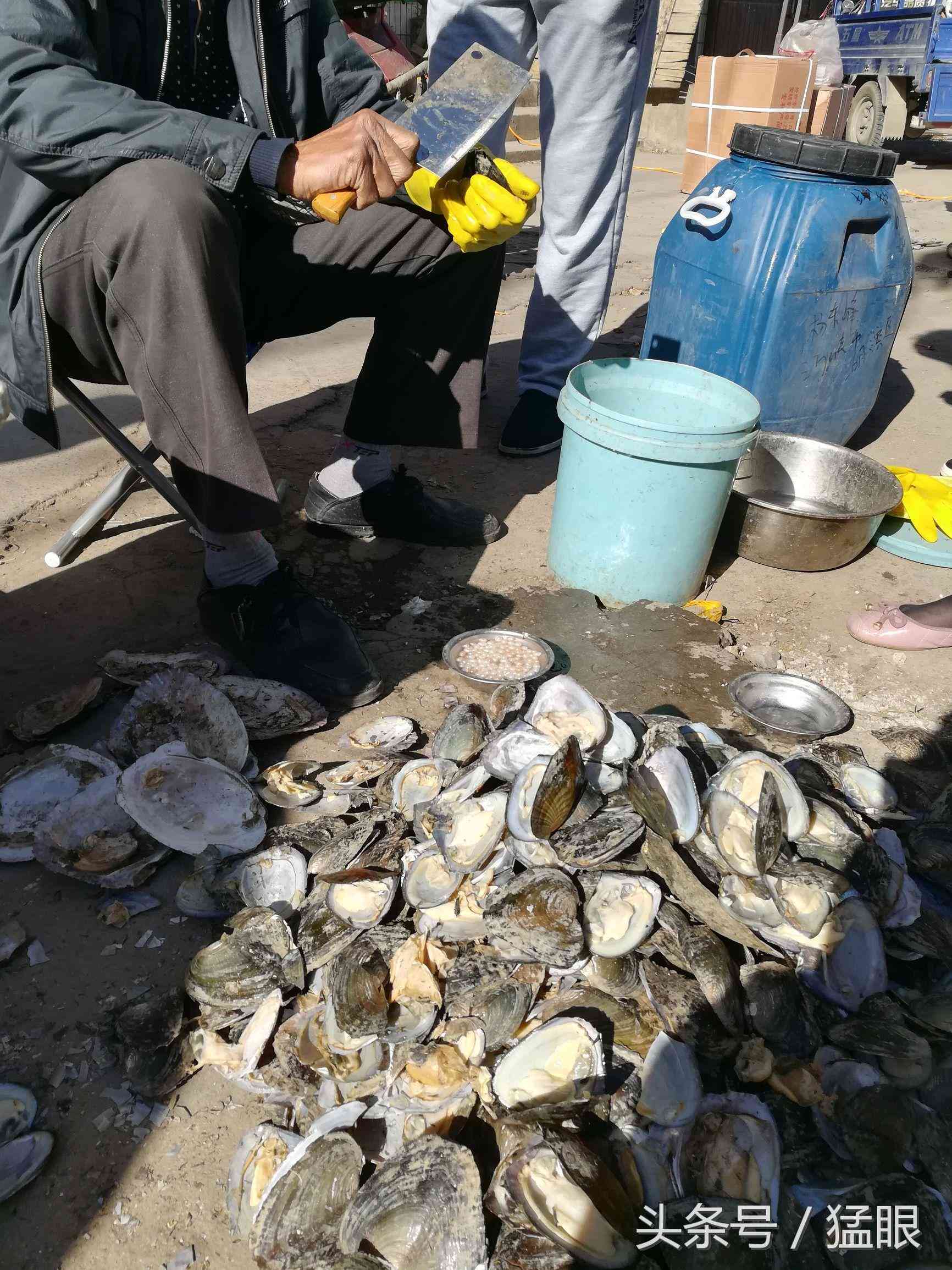 老人街头卖北海珍珠，一颗两元现拨现卖现加工，市民围观只看不买