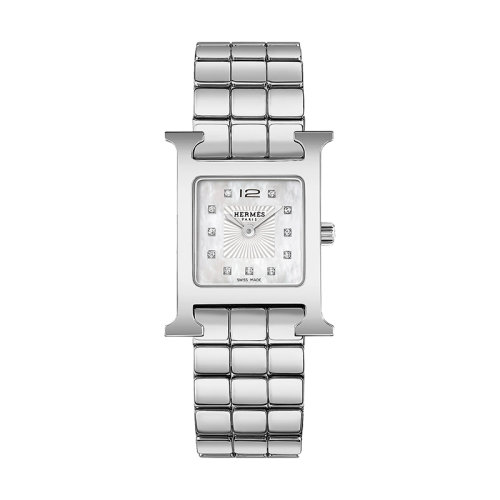 HERMES/爱马仕 Heure H系列 女士石英机芯水晶白色天然珍珠母贝表盘精钢表壳和表链腕表21x21毫米W053014WW00