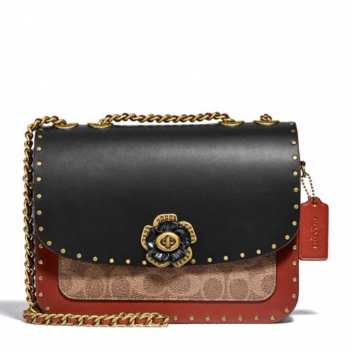 COACH/蔻驰【专柜款】 女士拼色经典标志帆布饰钉和蛇皮细节斜挎包单肩包女包 C3758B4NQ4
