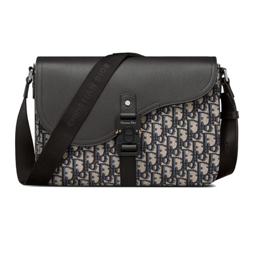 DIOR/迪奥 22新款 男士米色/黑色老花帆布配黑色粒面小牛皮调节皮革肩带铝扣翻盖开合单肩斜挎马鞍邮差包1ADME162YKS_H27E