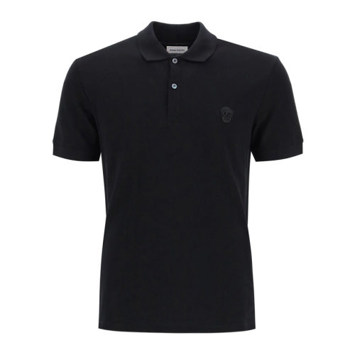Alexander McQueen/亚历山大麦昆 男士纯色棉质骷髅头补丁徽标翻领短袖polo衫 622106-QPX33-1000