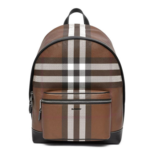 BURBERRY/博柏利 男士深桦木棕帆布配皮经典格纹字母徽标装饰拉链开合双肩包手提包电脑包背包男包 8036549