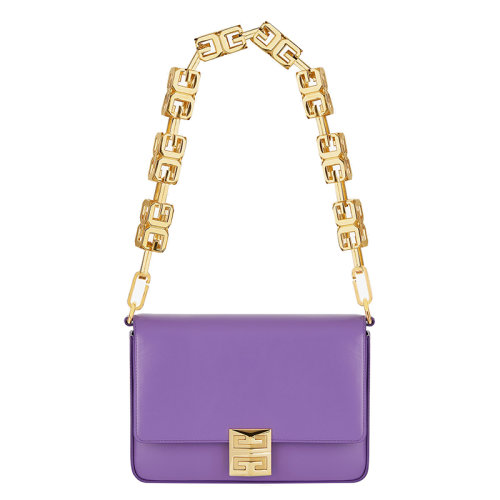 Givenchy/纪梵希 22新款 女士中号紫色小牛皮翻盖金属磁扣开合拆卸方型链式肩带金色饰面金属压花字母标志单肩斜挎包BB50LYB15T-520