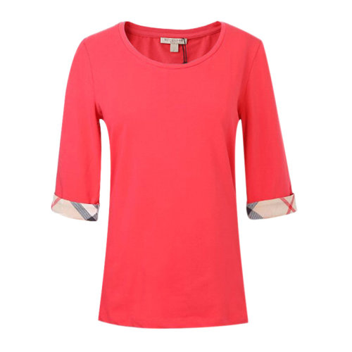 BURBERRY 博柏利 巴宝莉 女士 服装  圆领红色袖边卡其格纹短袖T恤 女士短袖T恤