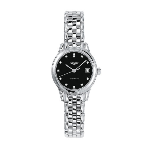 LONGINES/浪琴 军旗系列 自动机械镶钻钢链黑色表盘女表26毫米L4.274.4.57.6