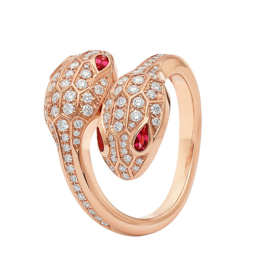BVLGARI/宝格丽 SERPENTI SEDUTTORI系列 18K金玫瑰金红碧玺眼睛双蛇头密钉钻石358086