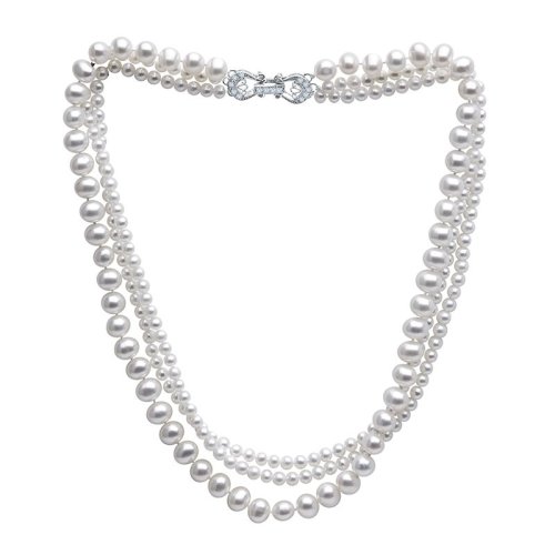 zhuella/珠艾乐 经典三圈 天然淡水珍珠项链吊坠 银镀白金镶嵌锆石扣