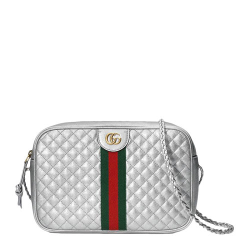 GUCCI/古驰 女士银色菱形绗缝牛皮经典互扣式双G字母徽标红绿织带装饰拉链开合单肩包斜挎包女包 541051-0U12T-8562