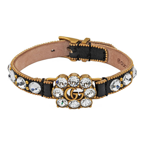 GUCCI/古驰  镀金的金属 双G水晶棕色皮革手链648722I56718061