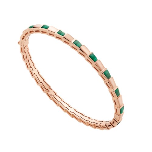 BVLGARI/宝格丽 经典款18K金玫瑰金镶孔雀石 蛇形手镯 356518