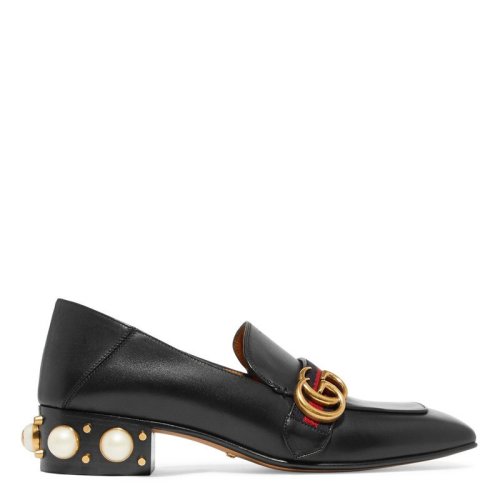 GUCCI/古驰 Marmont女士黑色皮革后尾珍珠双G扣中跟鞋 423559DKHC01061