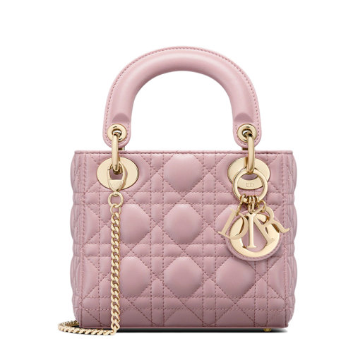 DIOR/迪奥 22新款LADY DIOR系列 女士迷你款复古粉色藤格纹羊皮革单肩斜挎手提戴妃包M0505OCAL_M77P