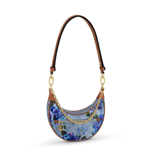 Louis Vuitton/路易威登 22新款LOOP系列 女士蓝色帆布饰花朵印花棕色皮革滚边细节金扣金链单肩斜跨手提半月法棍腋下包M21183