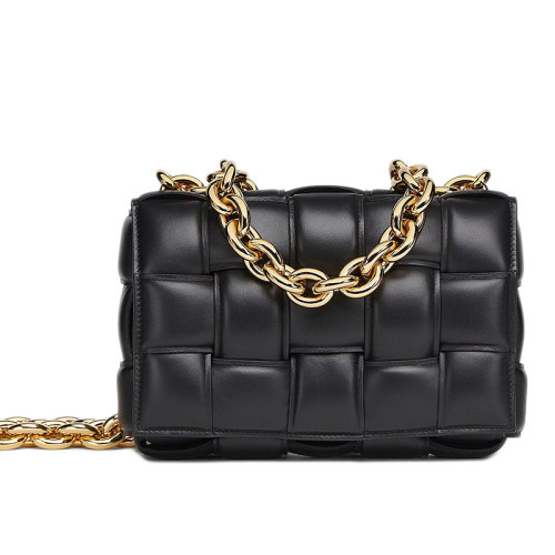 Bottega Veneta/葆蝶家 CHAIN CASSETTE系列 黑色小羊皮编织链条单肩斜挎包631421VBWZ08425