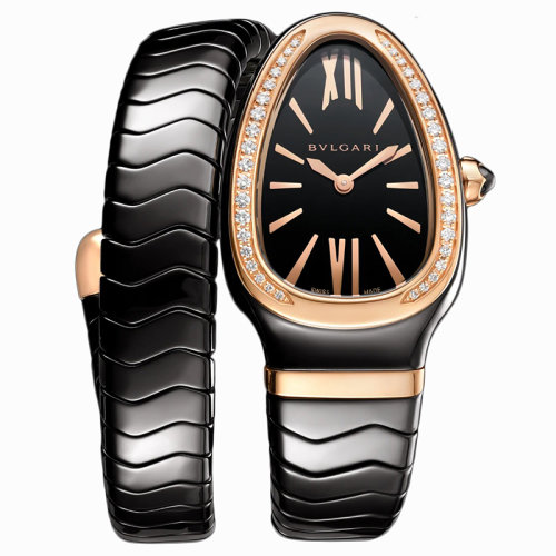 BVLGARI/宝格丽 黑色陶瓷表壳 18K金玫瑰金表圈镶有明亮式切割钻石和黑色陶瓷螺旋表链 黑色烤漆表盘 SERPENTI SPIGA石英手表 35毫米102532