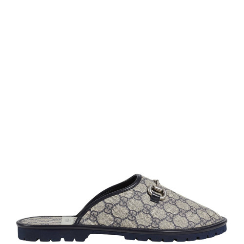 GUCCI/古驰 22年春夏新款 男士蓝色/米色老花帆布饰马衔扣拖鞋69424996G604073