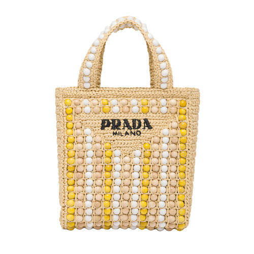 PRADA/普拉达 22新款 女士彩色木球编织拉菲草木质手柄刺绣字母手提托特包1BG425_2FJ0_F0018_V_OOO