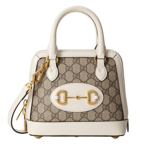 GUCCI/古驰  Horsebit 1955系列 老花帆布搭配白色皮革饰有金色马衔扣迷你单肩手提包 64071692TCG9761