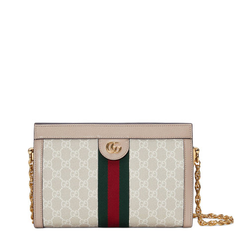 GUCCI/古驰 22春夏新款Ophidia系列 女士小号米白色老花帆布燕麦色皮革滚边红绿织带金色链式单肩包503877UULAG9682