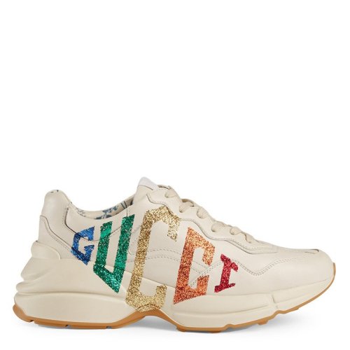 GUCCI/古驰 Rhyton系列 经典款 女士白色皮革和彩虹闪亮Gucci game图案运动鞋老爹鞋524990DRW009022