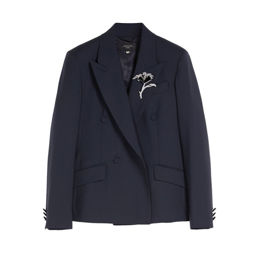 MaxMara/麦丝玛拉 22年早春新款 SPIGA系列 女士深蓝色羊毛混纺帆布西装外套夹克5041062706001