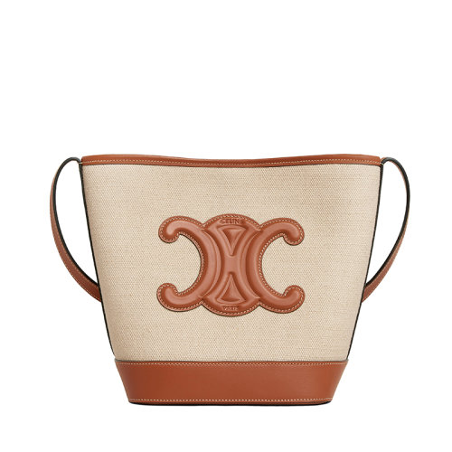 CELINE/赛琳 22新款TRIOMPHE系列 女士小号自然色/棕褐色织物配皮饰凯旋徽标单肩手提水桶包198242EFL.02NT