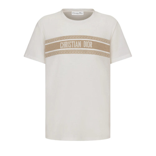 DIOR/迪奥 22年早春新款 女士白色棉质混纺拼金色金属光泽线LOGO短袖T恤213T04A4494_X1998