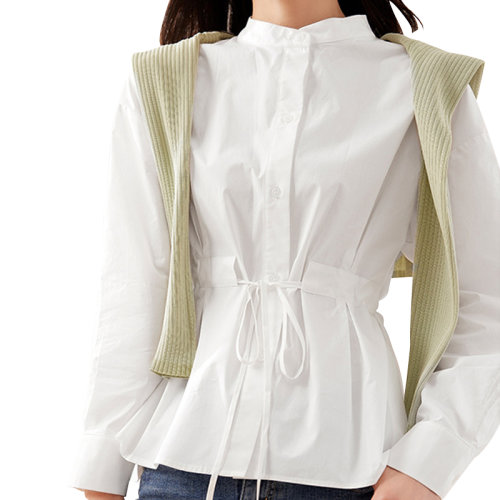 GeleiStory/GeleiStory 夏季新款简单干净的法式衬衫抽绳收腰立领纯棉衬衣女装上衣 女士长袖衬衫