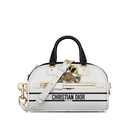 DIOR/迪奥 22新款ZIP BOWLING系列 女士白色小牛皮多色豹子印花标志对比肩背斜挎手提拉链包S6200OFAZ_M09E