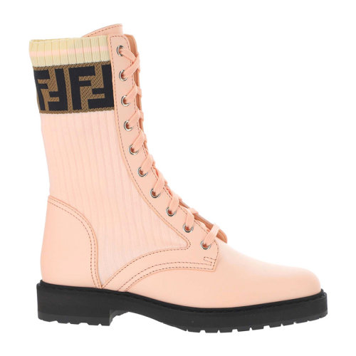 Fendi/芬迪 女士拼色织物配皮经典双F字母徽标提花装饰马丁靴短筒靴短靴踝靴女靴 8T6780-A3H4-F1C3A