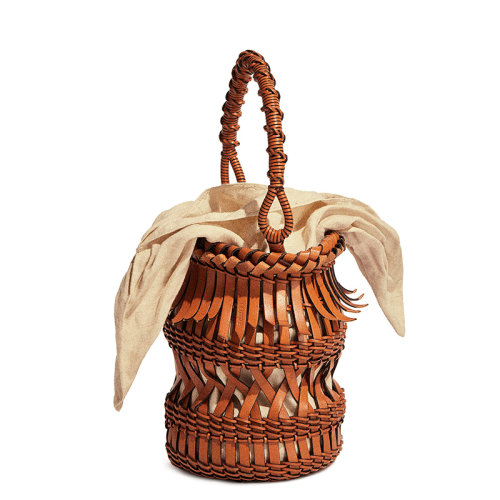 LOEWE/罗意威 经典款Bucket系列 女士棕色编织小牛皮流苏单肩斜跨手提水桶包340.80.W68-2530