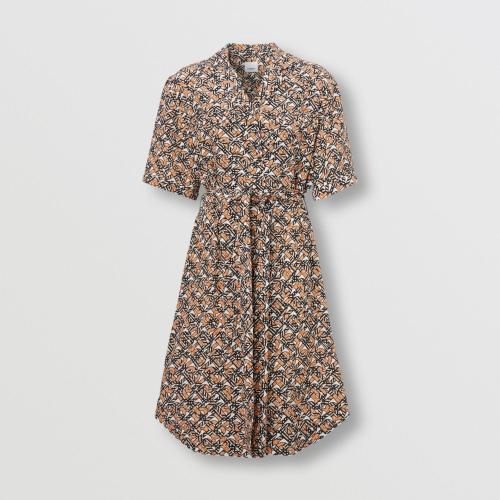  BURBERRY 22年秋冬 女士 专属标识印花丝质短袖衬衫式连衣裙 80572111