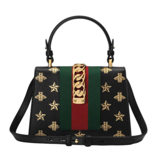 GUCCI/古驰  Sylvie系列女士黑色牛皮蜜蜂星星图案红绿条装饰手提包单肩包斜挎包女包 470270-DJ2SG-8571